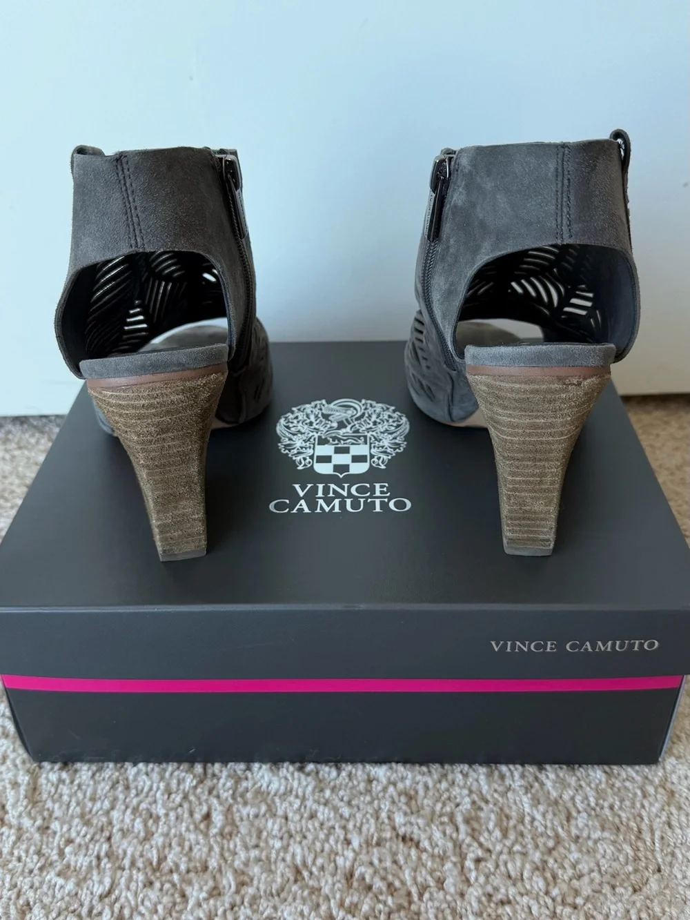 Vince Camuto Charcoal Gray Laser-Cut Peep-Toe Wedge Booties